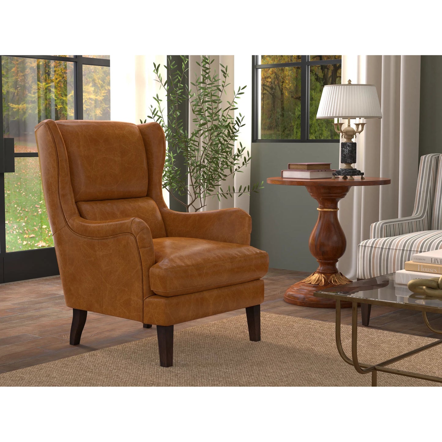 041 SI-2238683 | Lifestyle | Elite Wing Lounge Chair by Sarreid Ltd.. Made from rubber wood, top grain cow leather in a rustic style.