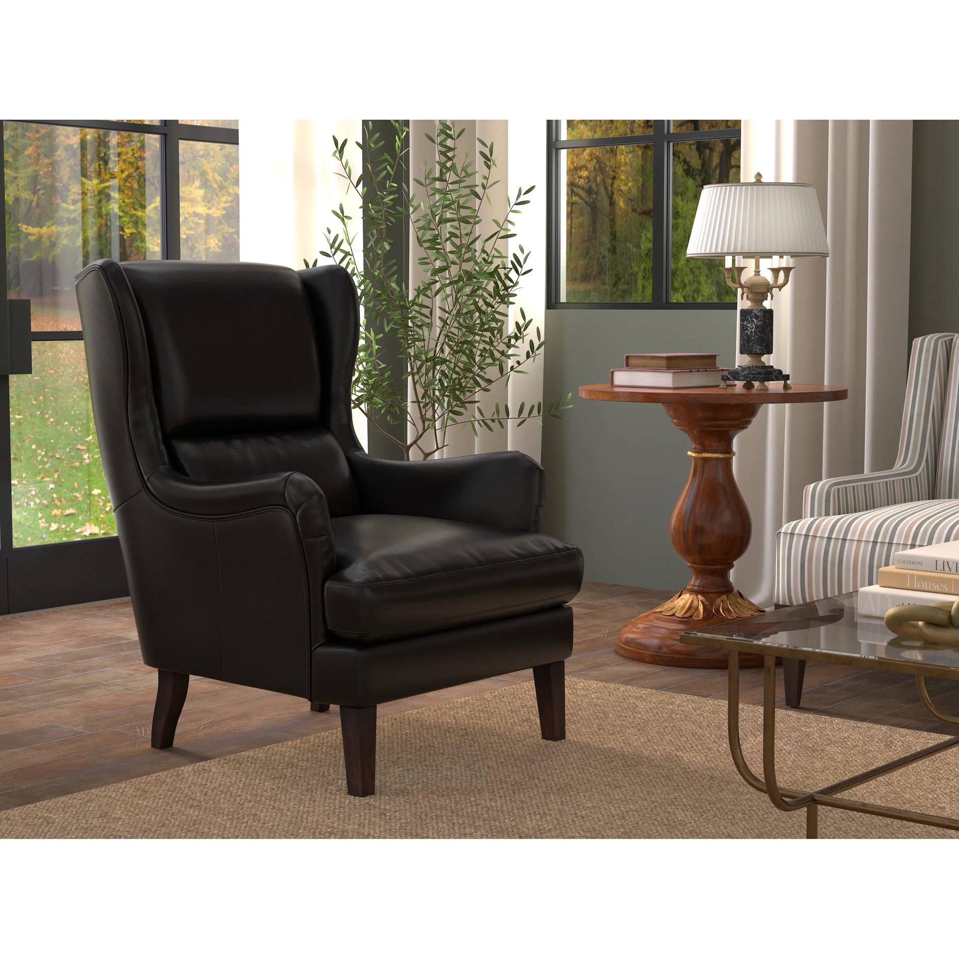 Elite Wing Lounge Chair by Sarreid Ltd.. Made from rubber wood, top grain cow leather in a rustic style.