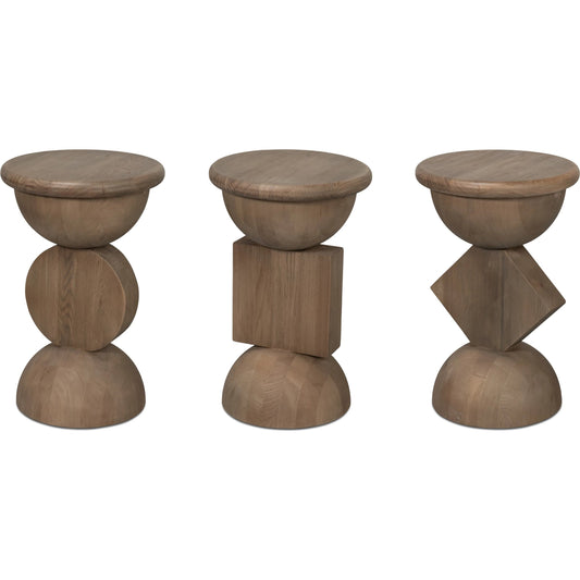 Romeo Side Tables by Sarreid Ltd. in light natural washed. Made from reclaimed elm in a unique style.