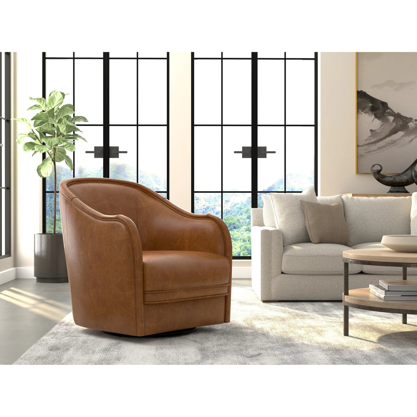 012 SI-2238703 | Lifestyle | Braxton Leather Swivel Chair by Sarreid Ltd. in columbia brown. Made from wood, leather in a unique style.