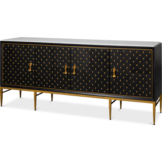 Palisade Shagreen Credenza by Sarreid Ltd. in black. Made from mango wood, metal, leather, veneer in a unique style.