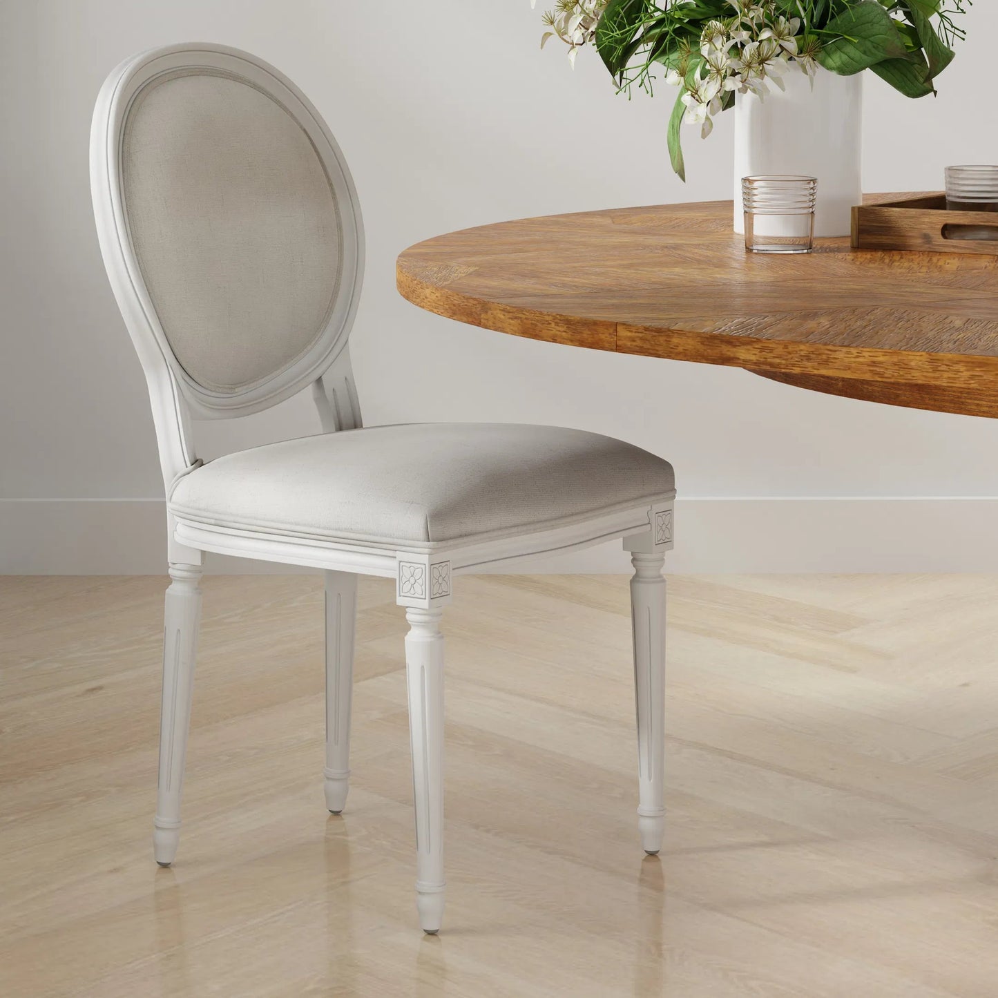 014 SI-2238706 | Lifestyle | Oval Side Chair (Set of 2) by Sarreid Ltd. in cortina, performance cream. Made from walnut, performance fabric in a traditional style.