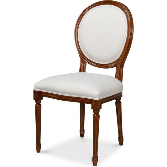 Hugo Oval Side Chair by Sarreid Ltd. in old world walnut, performance cream. Made from walnut, performance fabric in a unique style.