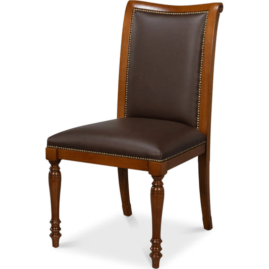 Camile Leather Side Chair by Sarreid Ltd. in sierra brown and old world walnut. Made from leather, walnut in a unique style.