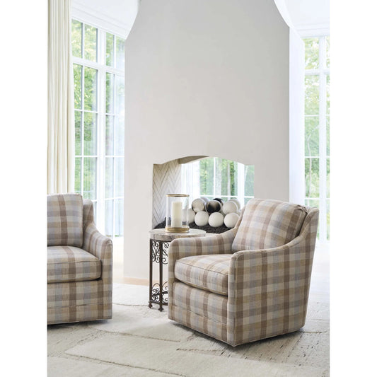 Glenhaven Striped Swivel Chair by Barclay Butera in beige, tan. Made from mahogany, fabric in a unique style.