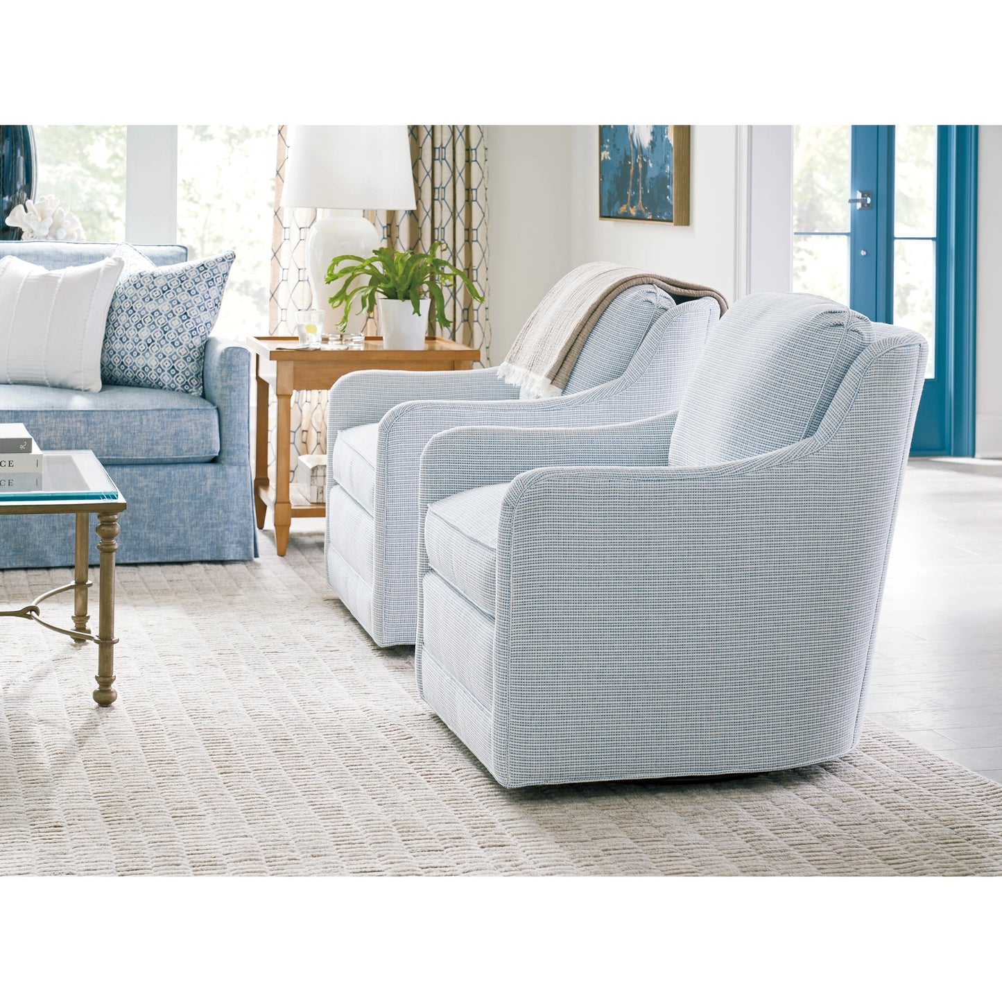 006 SI-1962979 | Lifestyle | Glennhaven Swivel Chair by Barclay Butera. Made from unique in a transitional style.