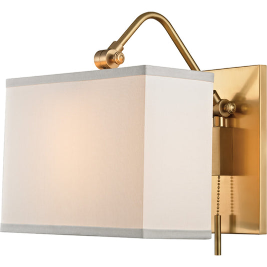 Leyden Wall Sconce by Hudson Valley in aged brass. Made from brass in a transitional style.