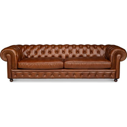 Savile Leather Sofa by Sarreid Ltd. in rubber wood legs, leather, marseile dark brown. Made from rubber wood legs, leather in a traditional style.
