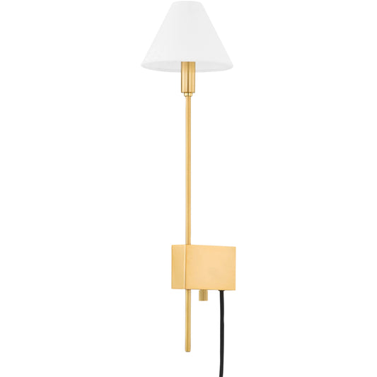 Teaneck Plug-In Sconce by Hudson Valley in aged brass. Made from steel in a unique style.