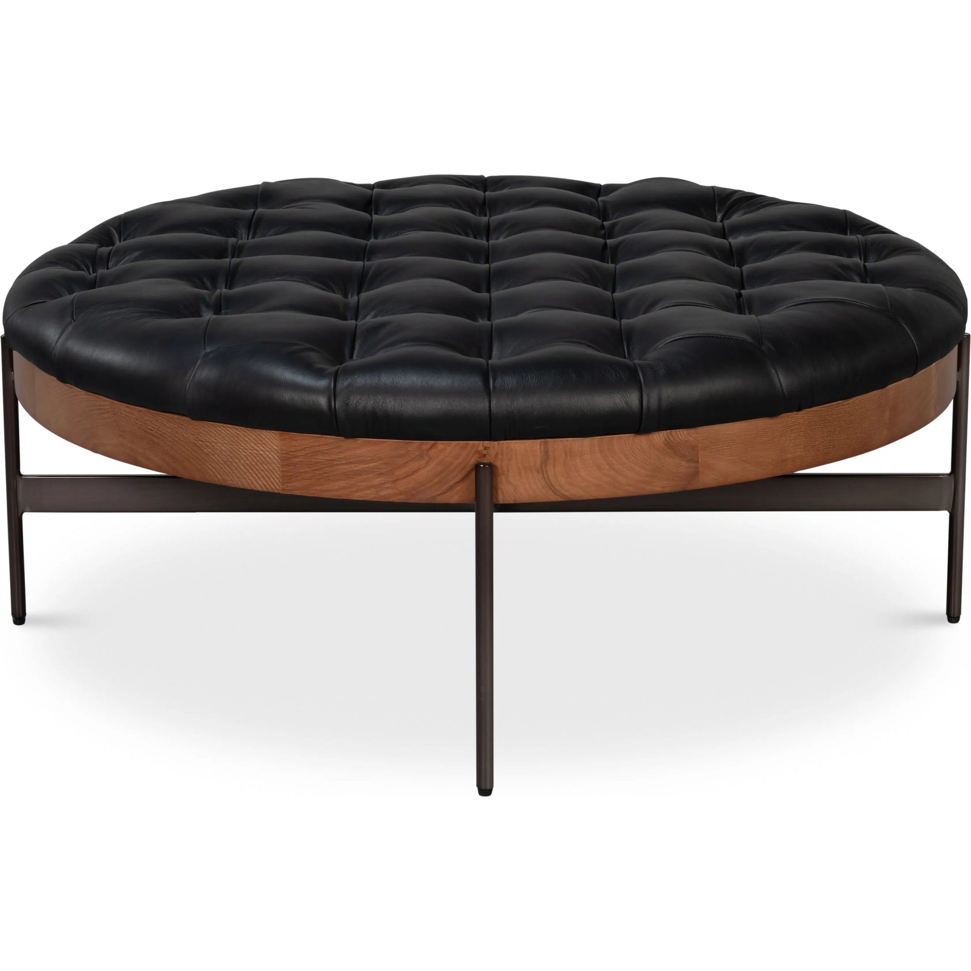 Corbet Cocktail Ottoman by Sarreid Ltd. in onyx black. Made from ash wood, iron metal, leather, aged iron in a unique style.