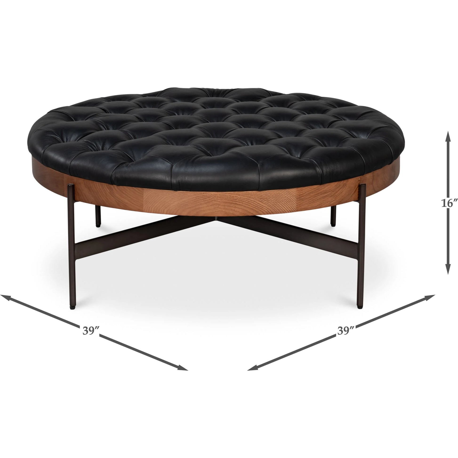 Corbet Cocktail Ottoman by Sarreid Ltd. in onyx black. Made from ash wood, iron metal, leather, aged iron in a unique style.