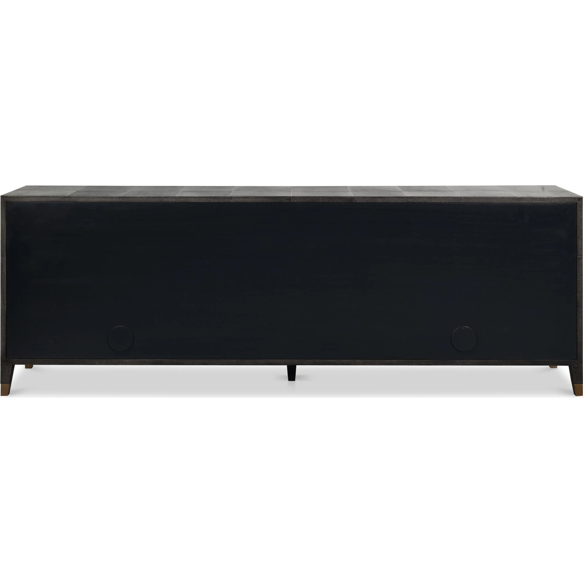 Desmond Sideboard by Sarreid Ltd. in antique grey. Made from iron, leather, wood, antique grey blackstone, brass metal in a modern style.