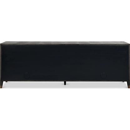 Desmond Sideboard by Sarreid Ltd. in antique grey. Made from iron, leather, wood, antique grey blackstone, brass metal in a modern style.