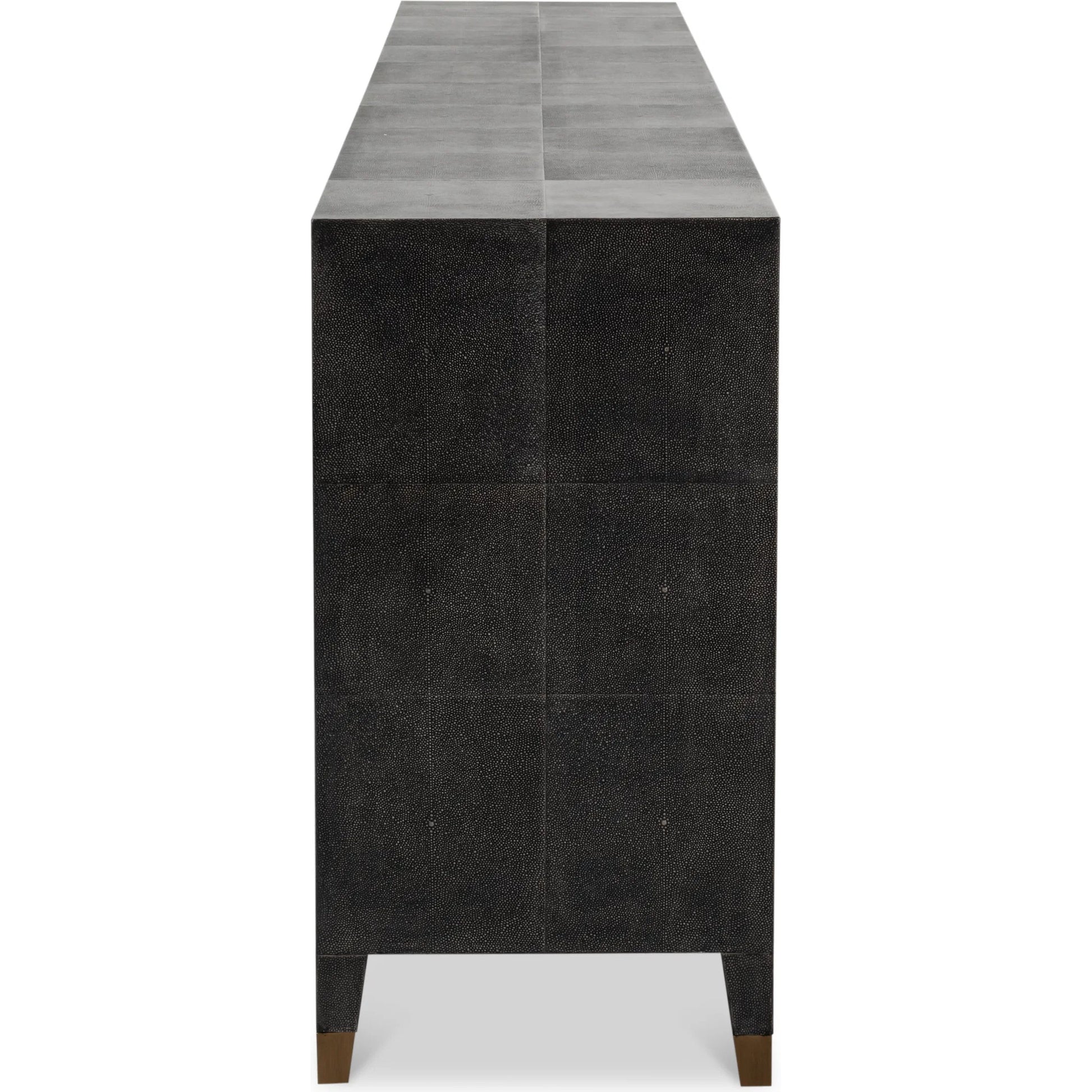 Desmond Sideboard by Sarreid Ltd. in antique grey. Made from iron, leather, wood, antique grey blackstone, brass metal in a modern style.
