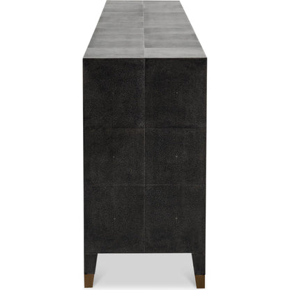 Desmond Sideboard by Sarreid Ltd. in antique grey. Made from iron, leather, wood, antique grey blackstone, brass metal in a modern style.