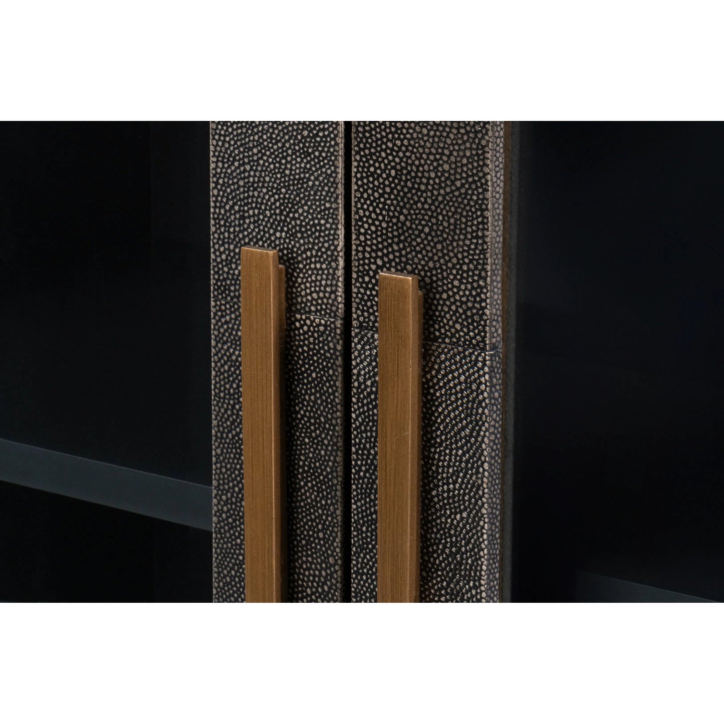 010 SI-2369150 | Closeup | Desmond Sideboard by Sarreid Ltd. in antique grey. Made from iron, leather, wood, antique grey blackstone, brass metal in a modern style.