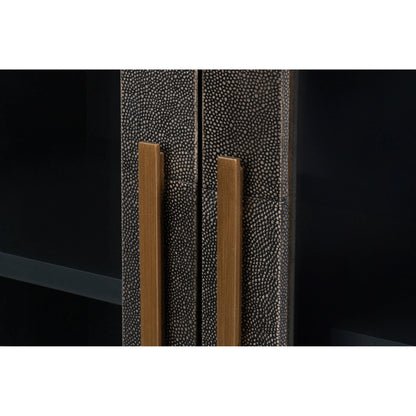 Desmond Sideboard by Sarreid Ltd. in antique grey. Made from iron, leather, wood, antique grey blackstone, brass metal in a modern style.