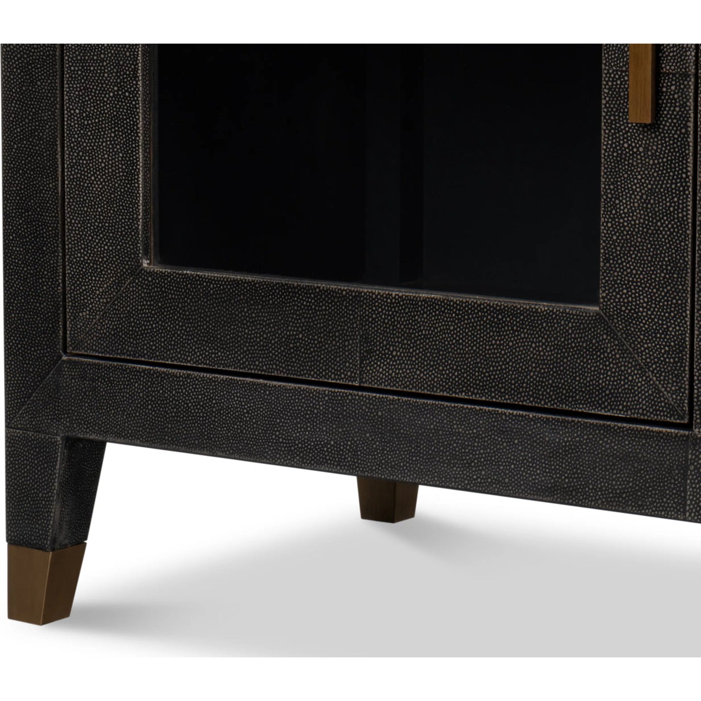 011 SI-2369150 | Closeup | Desmond Sideboard by Sarreid Ltd. in antique grey. Made from iron, leather, wood, antique grey blackstone, brass metal in a modern style.
