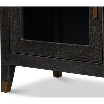 Desmond Sideboard by Sarreid Ltd. in antique grey. Made from iron, leather, wood, antique grey blackstone, brass metal in a modern style.