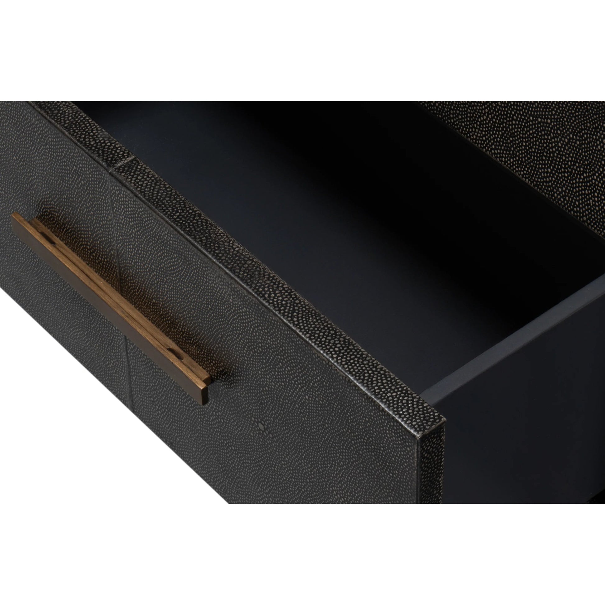 Desmond Sideboard by Sarreid Ltd. in antique grey. Made from iron, leather, wood, antique grey blackstone, brass metal in a modern style.
