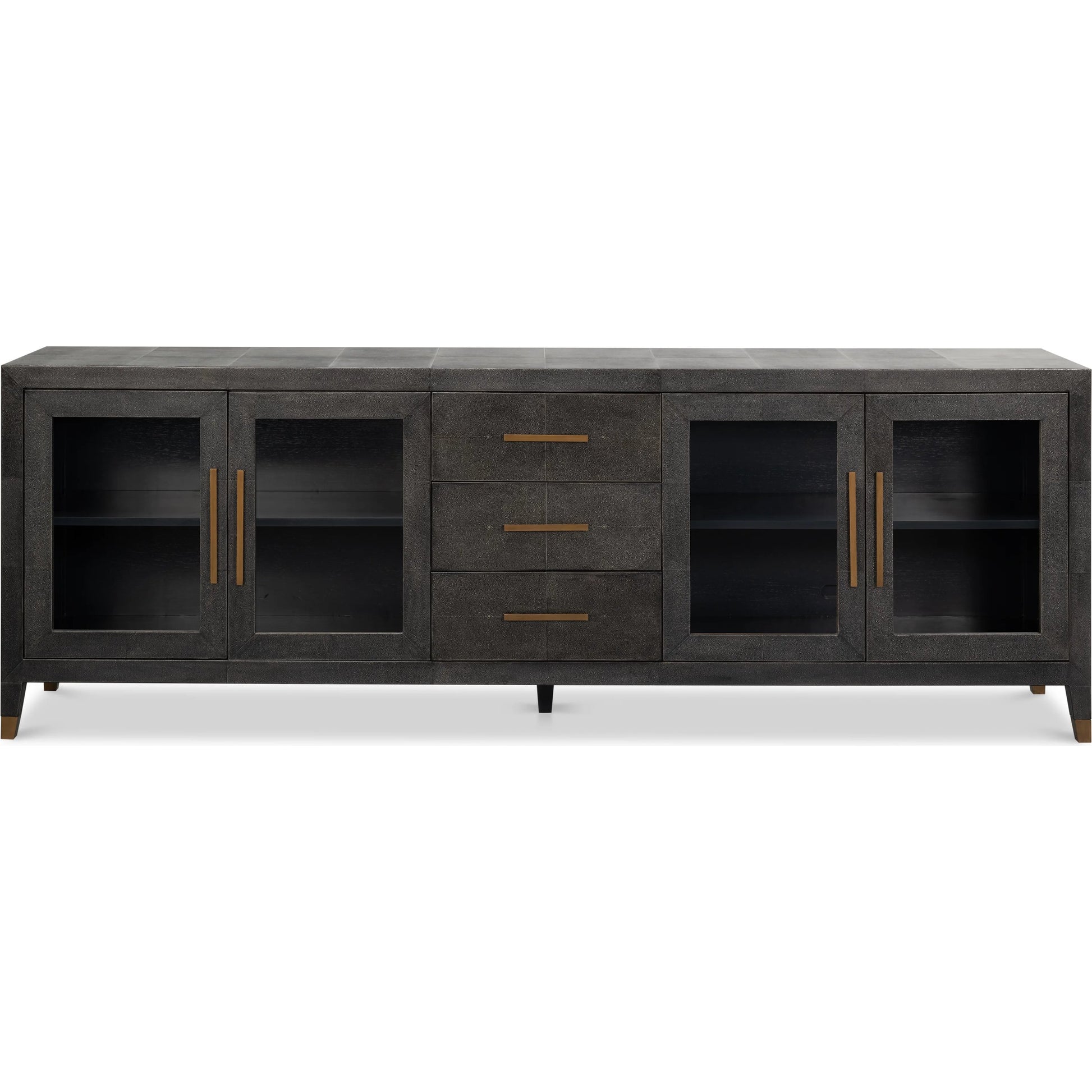 Desmond Sideboard by Sarreid Ltd. in antique grey. Made from iron, leather, wood, antique grey blackstone, brass metal in a modern style.