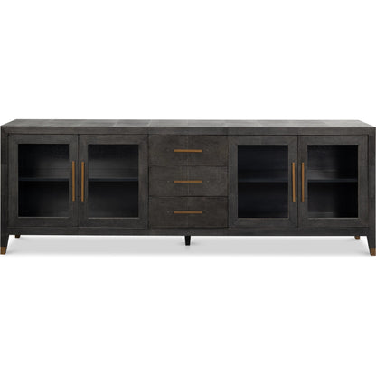 Desmond Sideboard by Sarreid Ltd. in antique grey. Made from iron, leather, wood, antique grey blackstone, brass metal in a modern style.