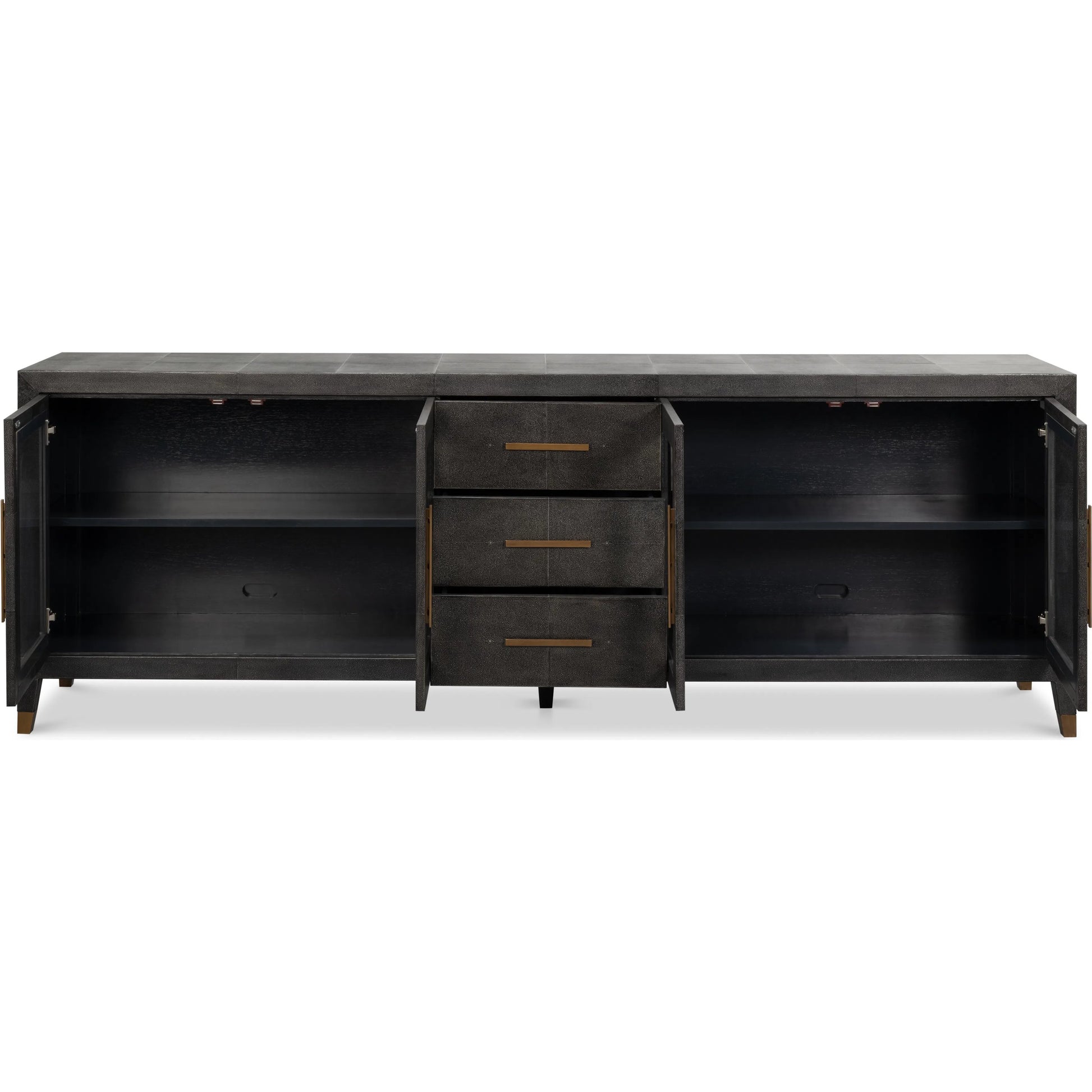 Desmond Sideboard by Sarreid Ltd. in antique grey. Made from iron, leather, wood, antique grey blackstone, brass metal in a modern style.