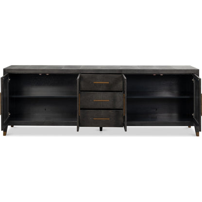 Desmond Sideboard by Sarreid Ltd. in antique grey. Made from iron, leather, wood, antique grey blackstone, brass metal in a modern style.