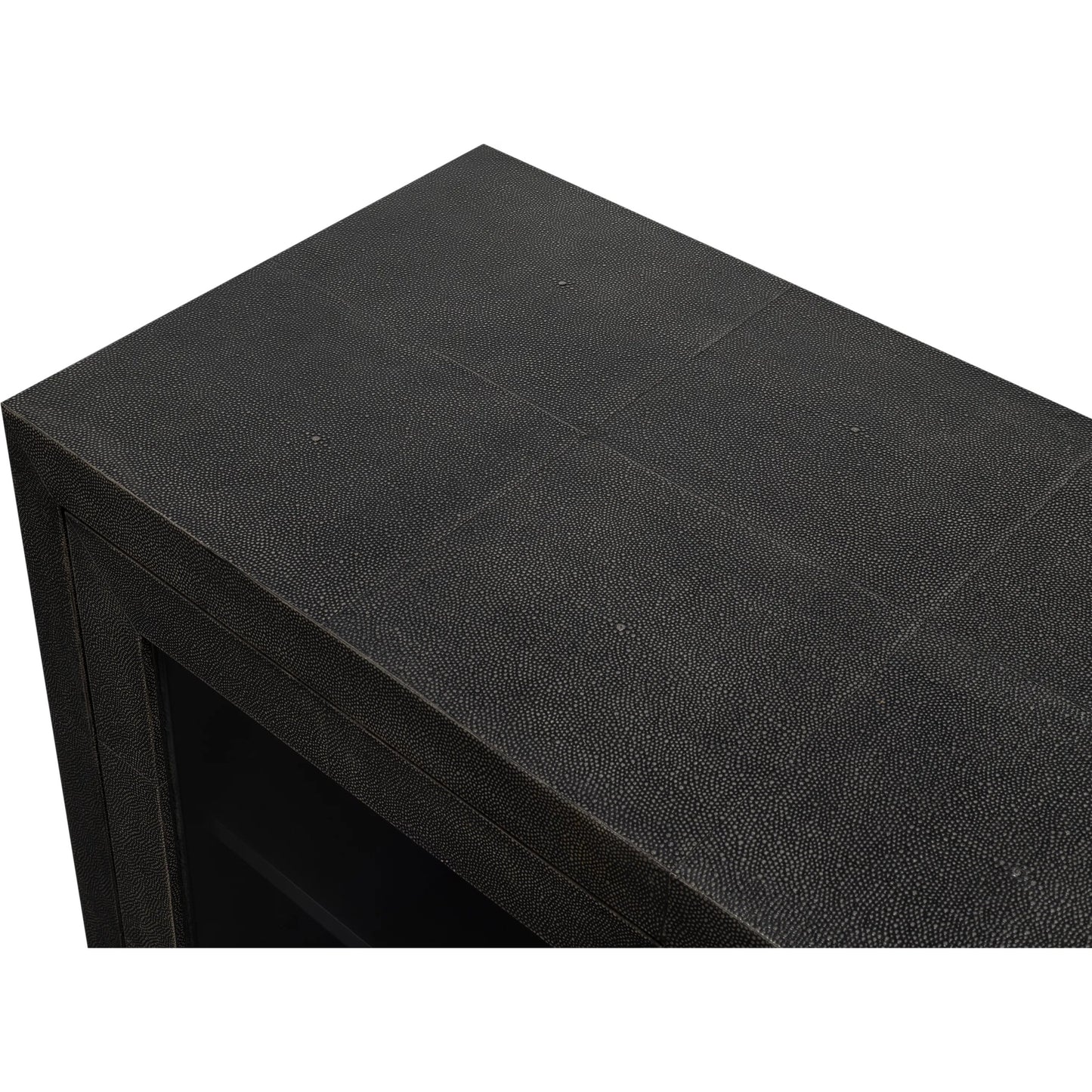 013 SI-2369150 | Closeup | Desmond Sideboard by Sarreid Ltd. in antique grey. Made from iron, leather, wood, antique grey blackstone, brass metal in a modern style.