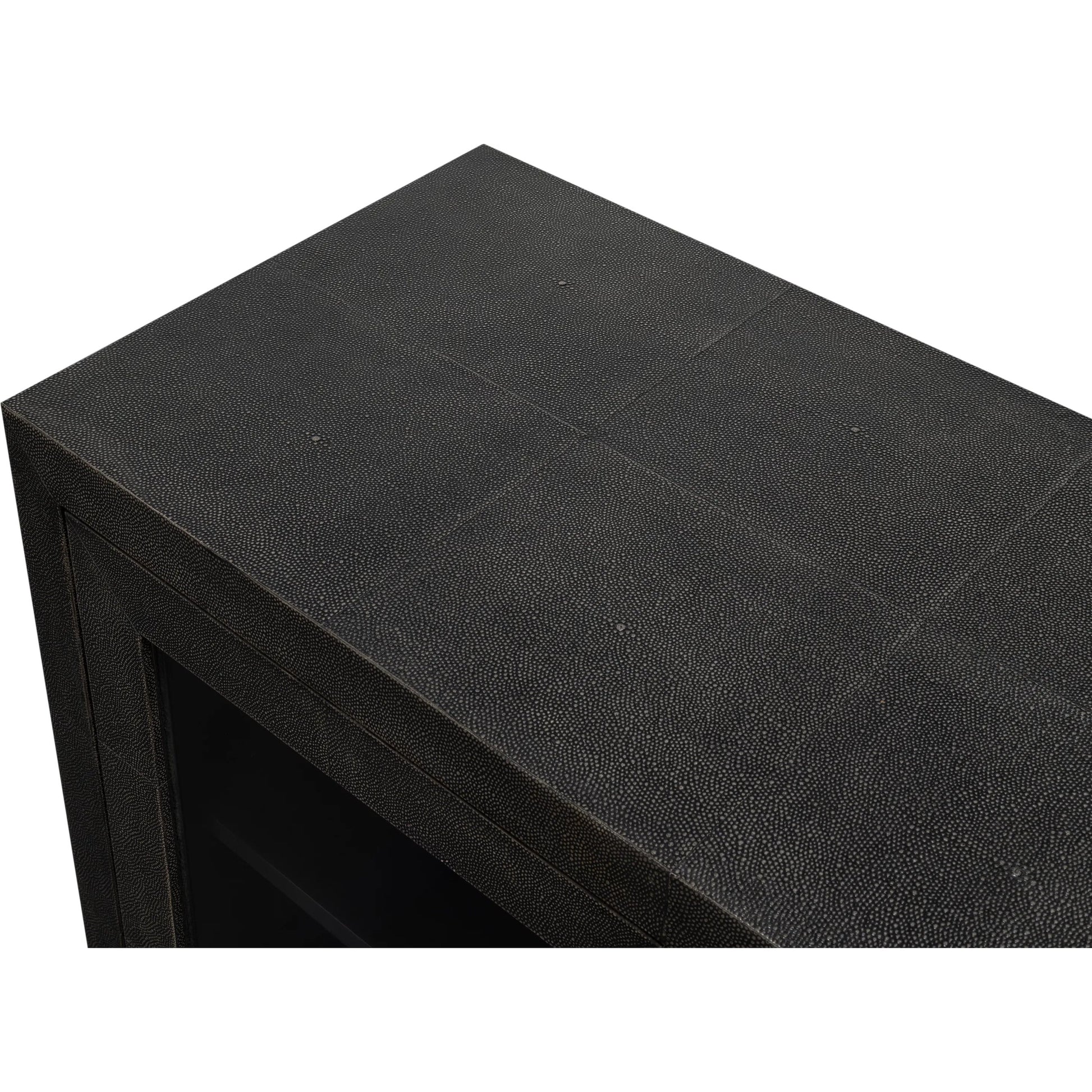 Desmond Sideboard by Sarreid Ltd. in antique grey. Made from iron, leather, wood, antique grey blackstone, brass metal in a modern style.