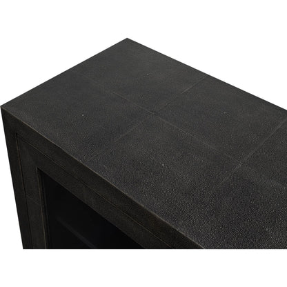 Desmond Sideboard by Sarreid Ltd. in antique grey. Made from iron, leather, wood, antique grey blackstone, brass metal in a modern style.