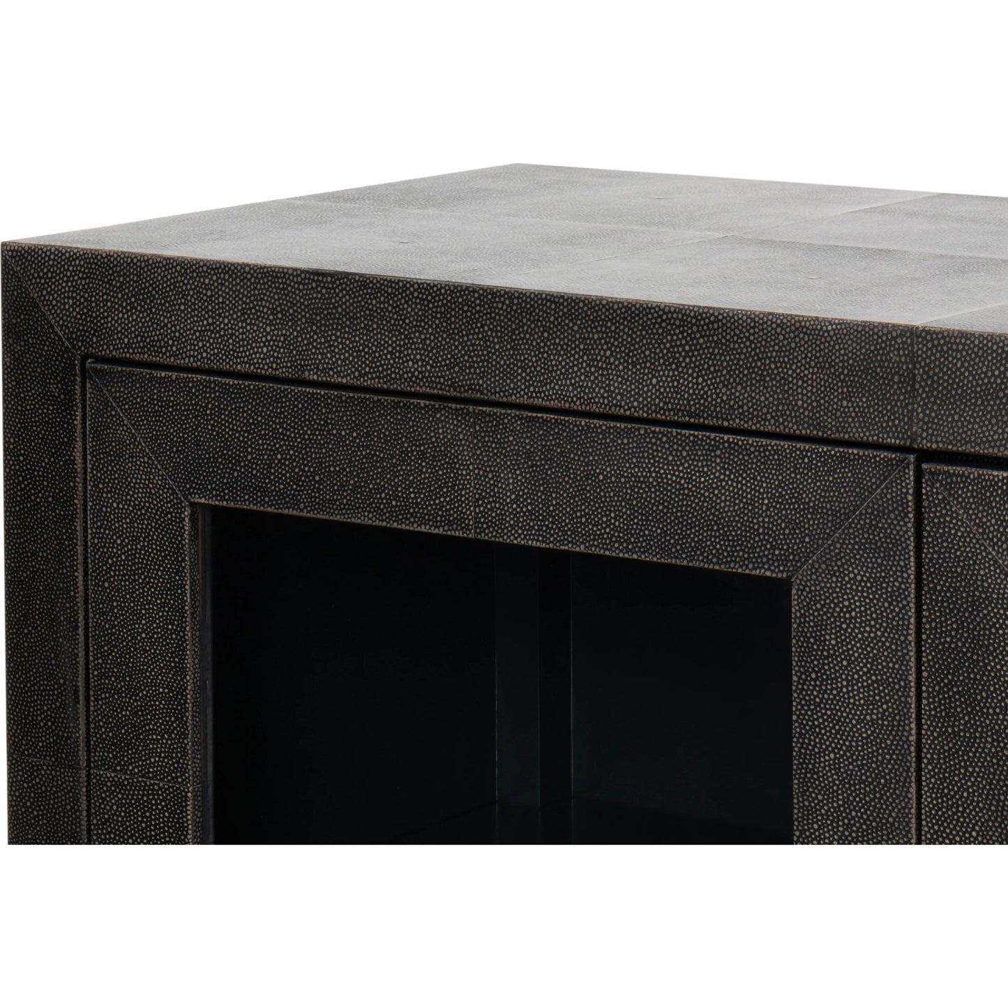 008 SI-2369150 | Closeup | Desmond Sideboard by Sarreid Ltd. in antique grey. Made from iron, leather, wood, antique grey blackstone, brass metal in a modern style.