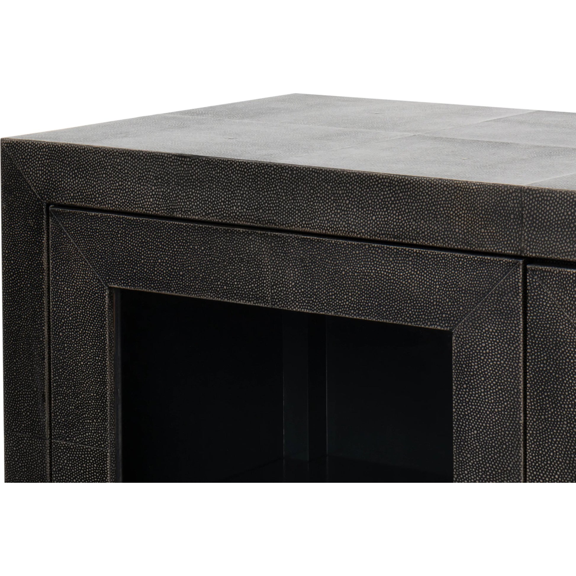 Desmond Sideboard by Sarreid Ltd. in antique grey. Made from iron, leather, wood, antique grey blackstone, brass metal in a modern style.