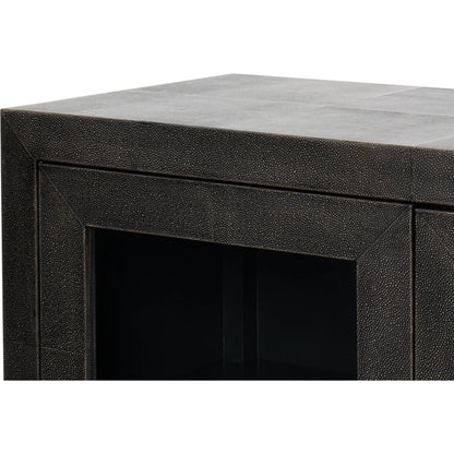 Desmond Sideboard by Sarreid Ltd. in antique grey. Made from iron, leather, wood, antique grey blackstone, brass metal in a modern style.