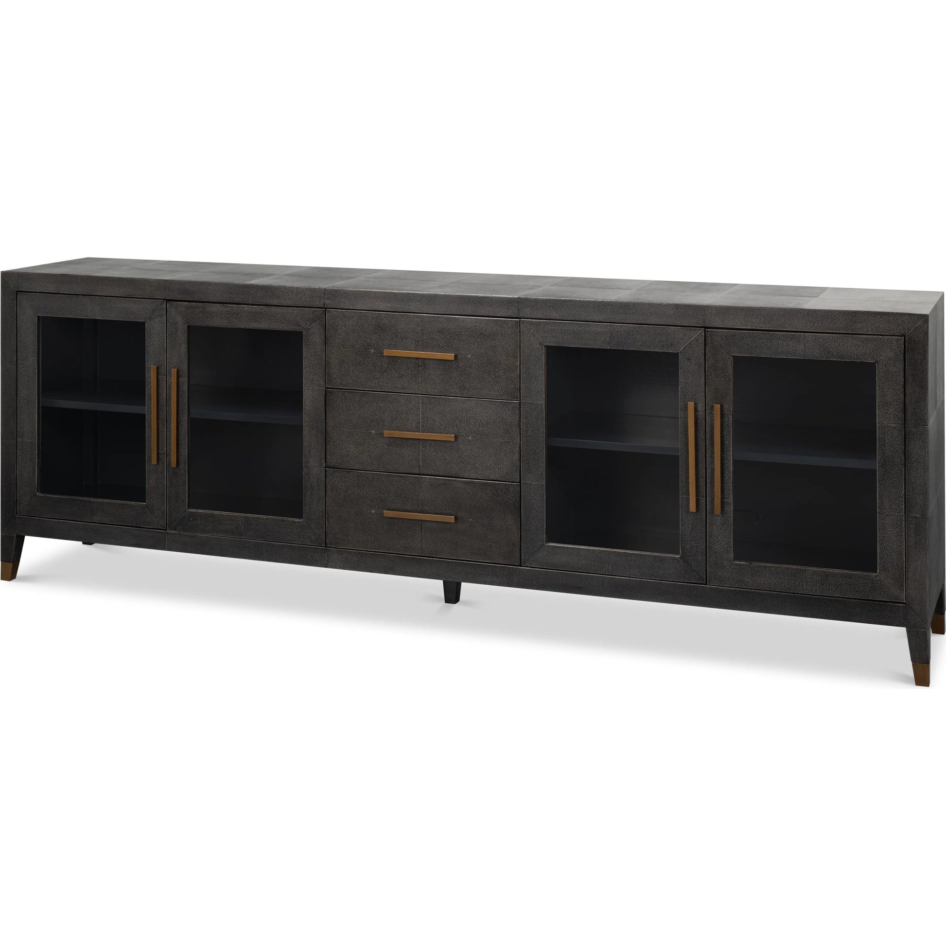 Desmond Sideboard by Sarreid Ltd. in antique grey. Made from iron, leather, wood, antique grey blackstone, brass metal in a modern style.