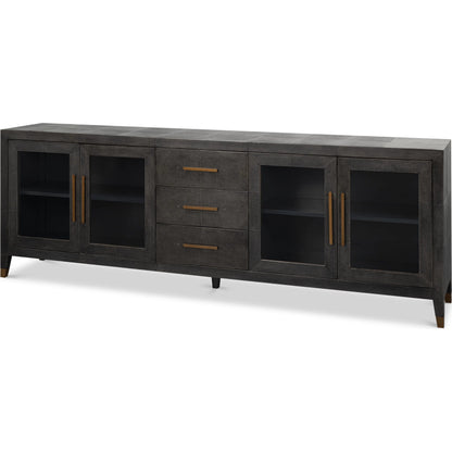Desmond Sideboard by Sarreid Ltd. in antique grey. Made from iron, leather, wood, antique grey blackstone, brass metal in a modern style.