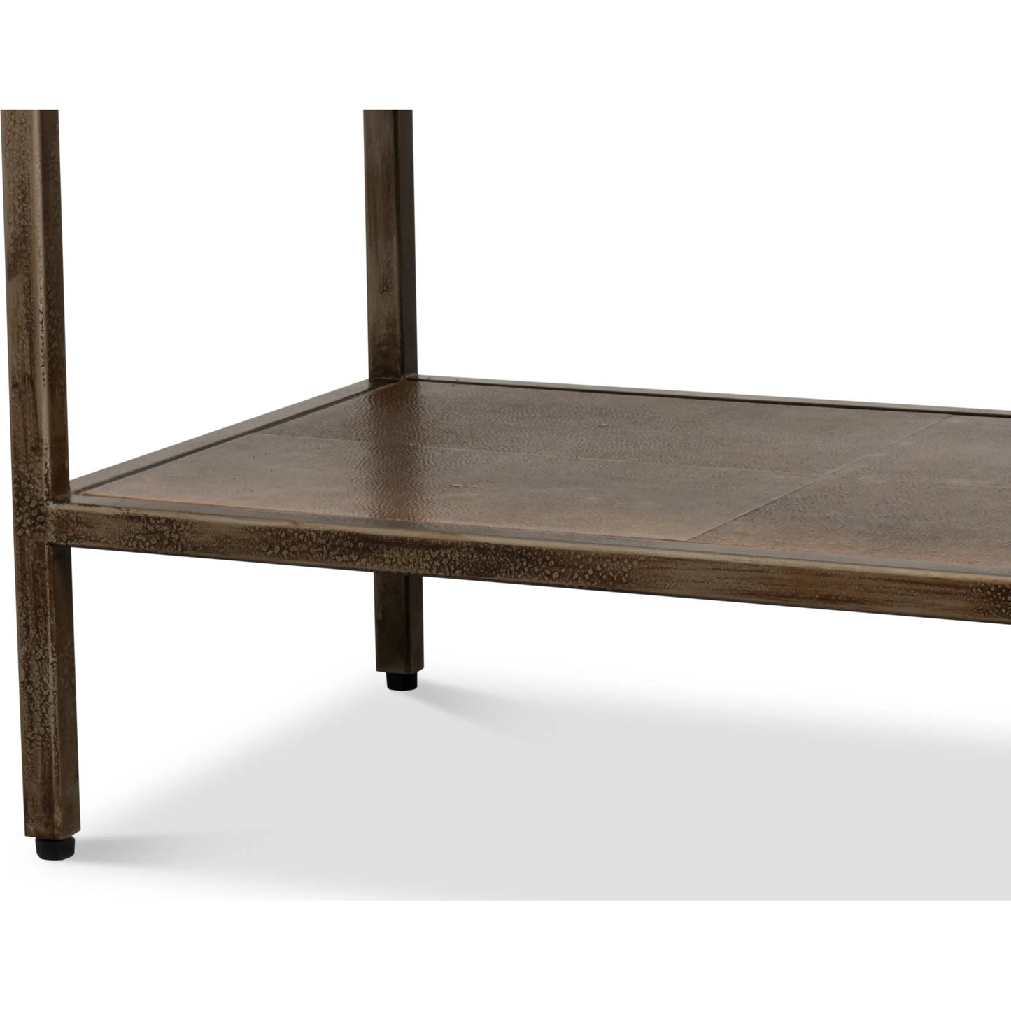 015 SI-2369147 | Closeup | Cullum Shagreen Console by Sarreid Ltd. in tawny brown. Made from iron, leather, wood, tawny brown shagreen, bronze frost in a traditional style.