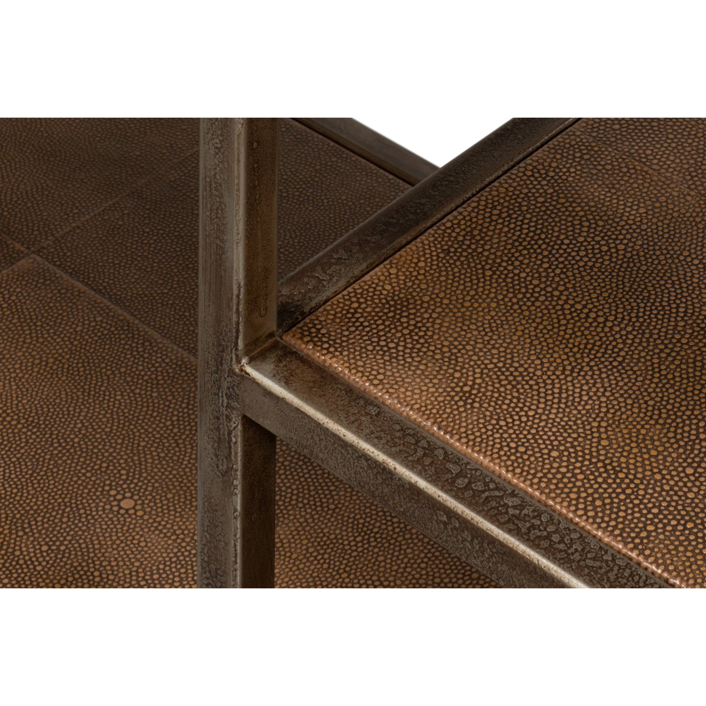 017 SI-2369147 | Closeup | Cullum Shagreen Console by Sarreid Ltd. in tawny brown. Made from iron, leather, wood, tawny brown shagreen, bronze frost in a traditional style.