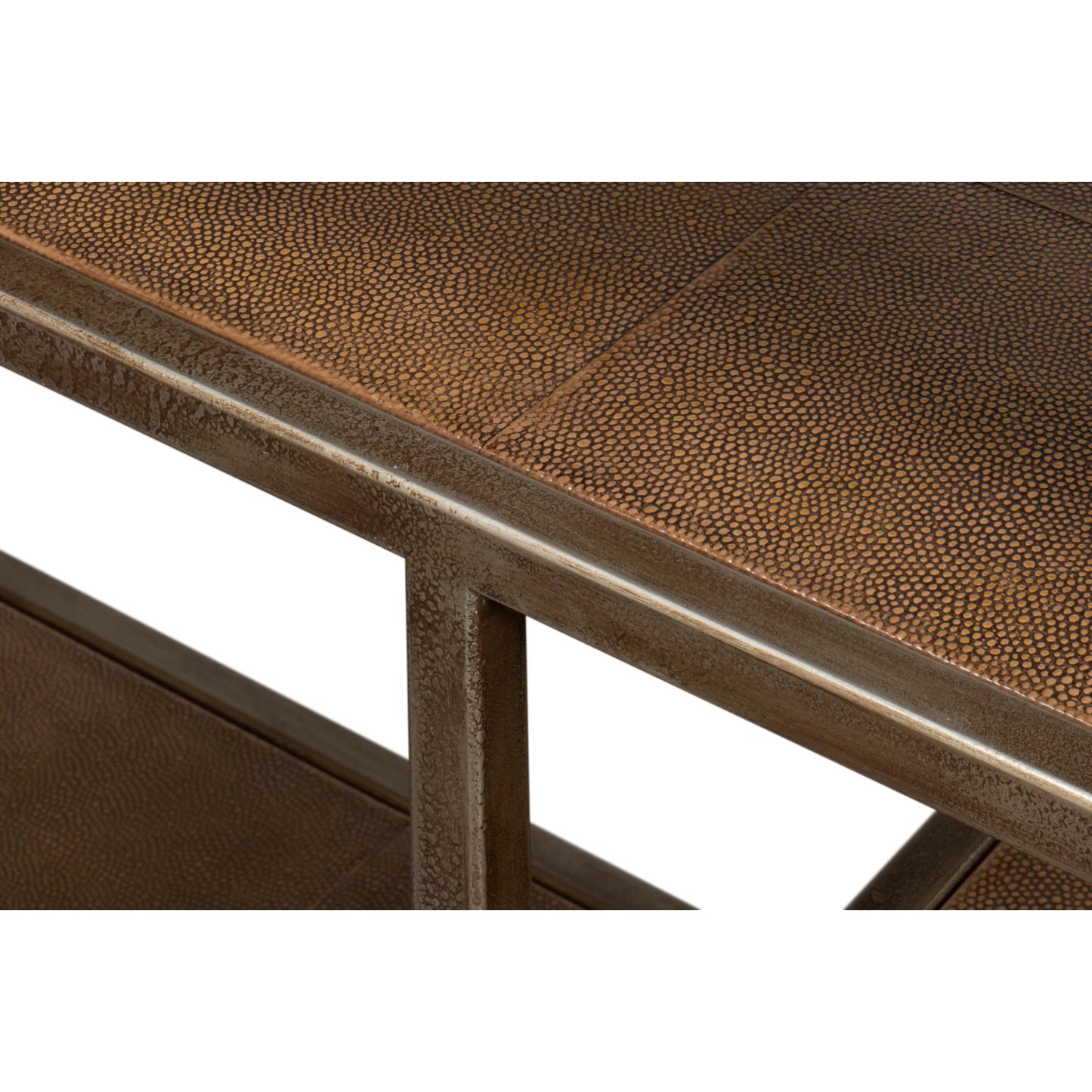 018 SI-2369147 | Closeup | Cullum Shagreen Console by Sarreid Ltd. in tawny brown. Made from iron, leather, wood, tawny brown shagreen, bronze frost in a traditional style.