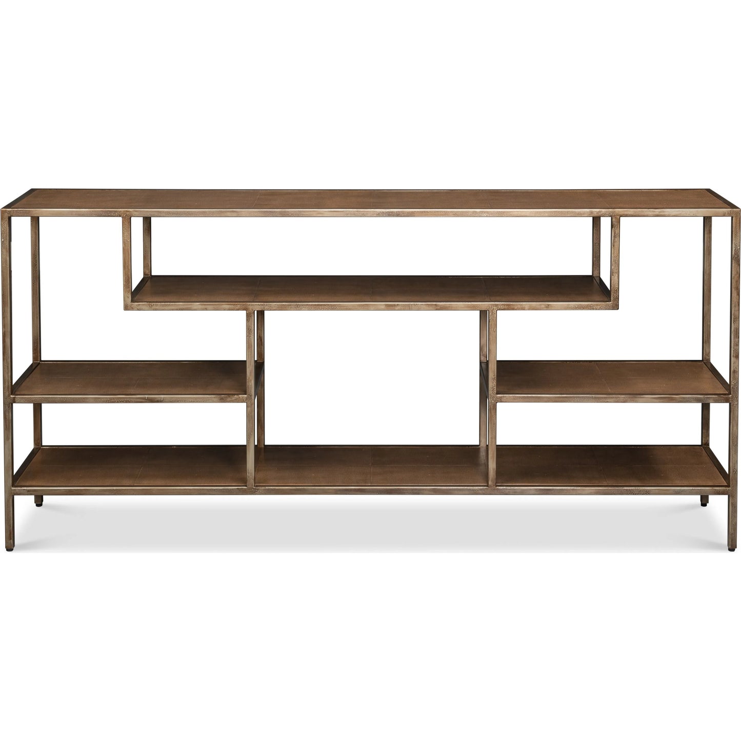 003 SI-2369147 | Additional Silo | Cullum Shagreen Console by Sarreid Ltd. in tawny brown. Made from iron, leather, wood, tawny brown shagreen, bronze frost in a traditional style.