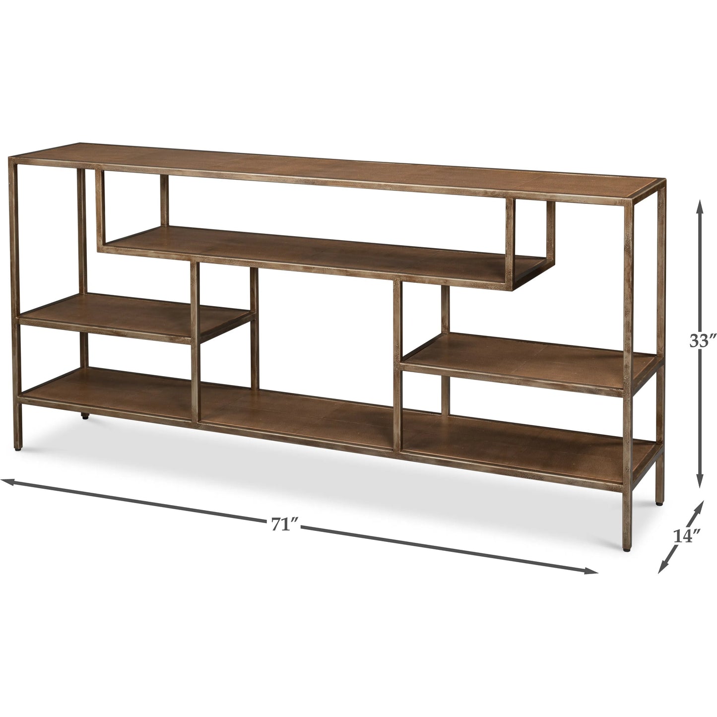 006 SI-2369147 | Additional Silo | Cullum Shagreen Console by Sarreid Ltd. in tawny brown. Made from iron, leather, wood, tawny brown shagreen, bronze frost in a traditional style.