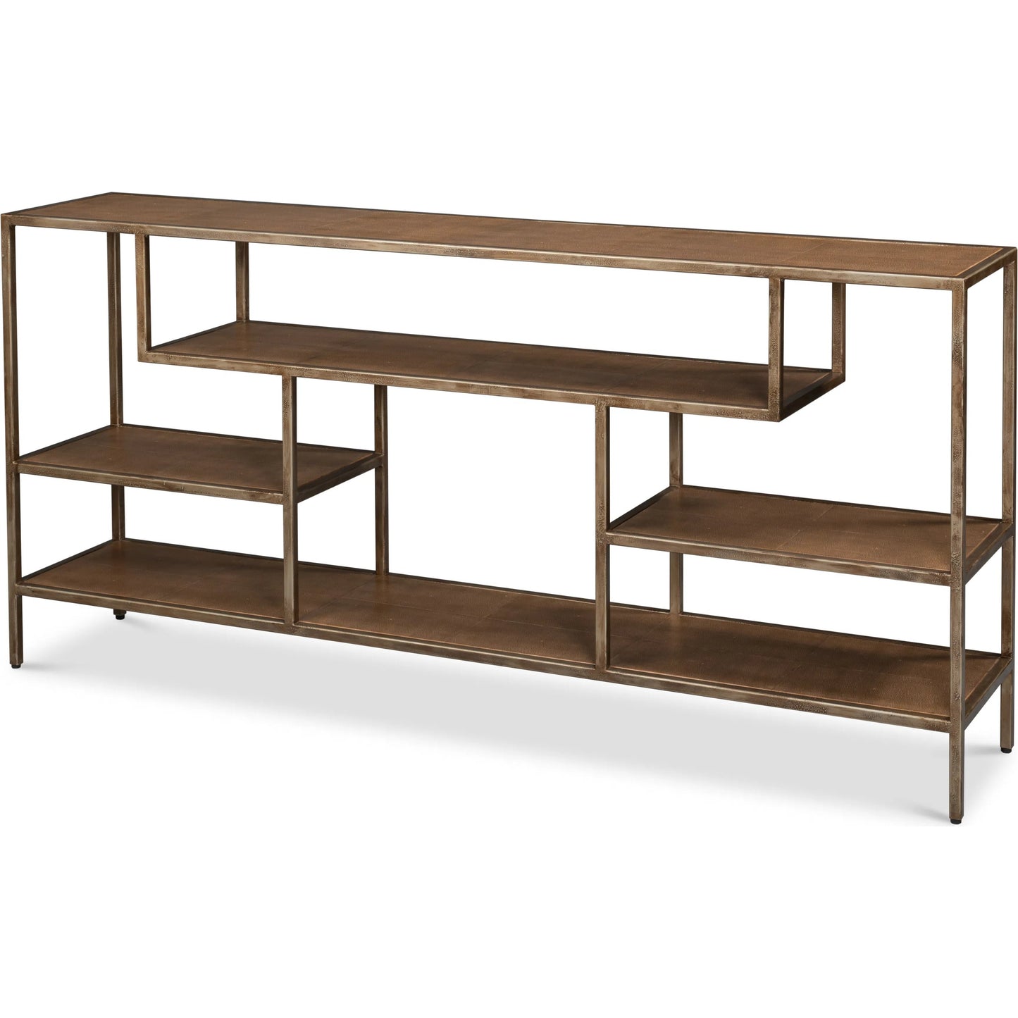 001 SI-2369147 | Primary Silo | Cullum Shagreen Console by Sarreid Ltd. in tawny brown. Made from iron, leather, wood, tawny brown shagreen, bronze frost in a traditional style.