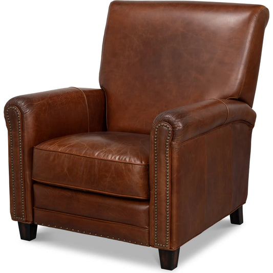 Recliner Chair by Sarreid Ltd. in newark brown. Made from leather, brass studs in a unique style.