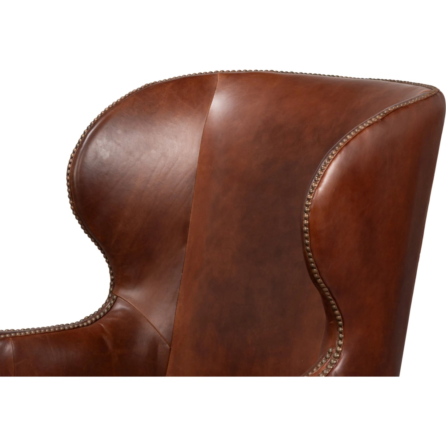 009 SI-2369167 | Closeup | Smithfield Wing Chair by Sarreid Ltd. in newark brown. Made from leather in a traditional style.