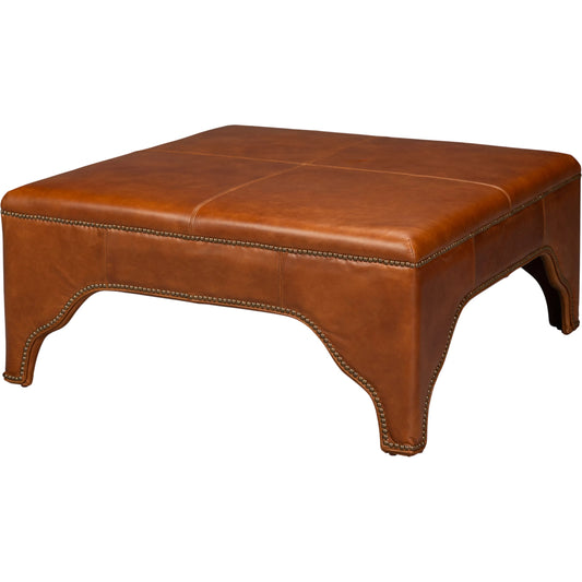 Streetman Cocktail Ottoman by Sarreid Ltd. in havana brown leather, aged brass nailheads. Made from leather, aged brass nailheads in a traditional style.