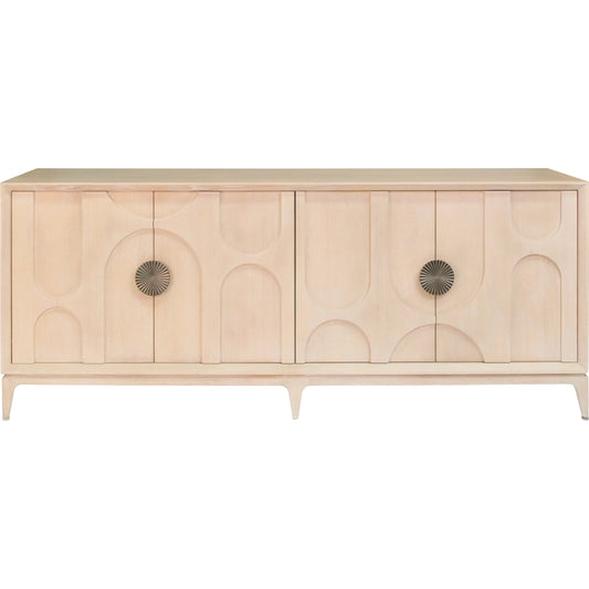 Carillon Credenza by Sarreid Ltd. in bleached oak. Made from oak veneer, bleached oak, bronze in a transitional style.