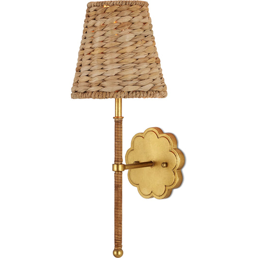 Savoie Wall Sconce by Currey and Company in contemporary gold leaf, natural. Made from wrought iron, rattan in a unique style.