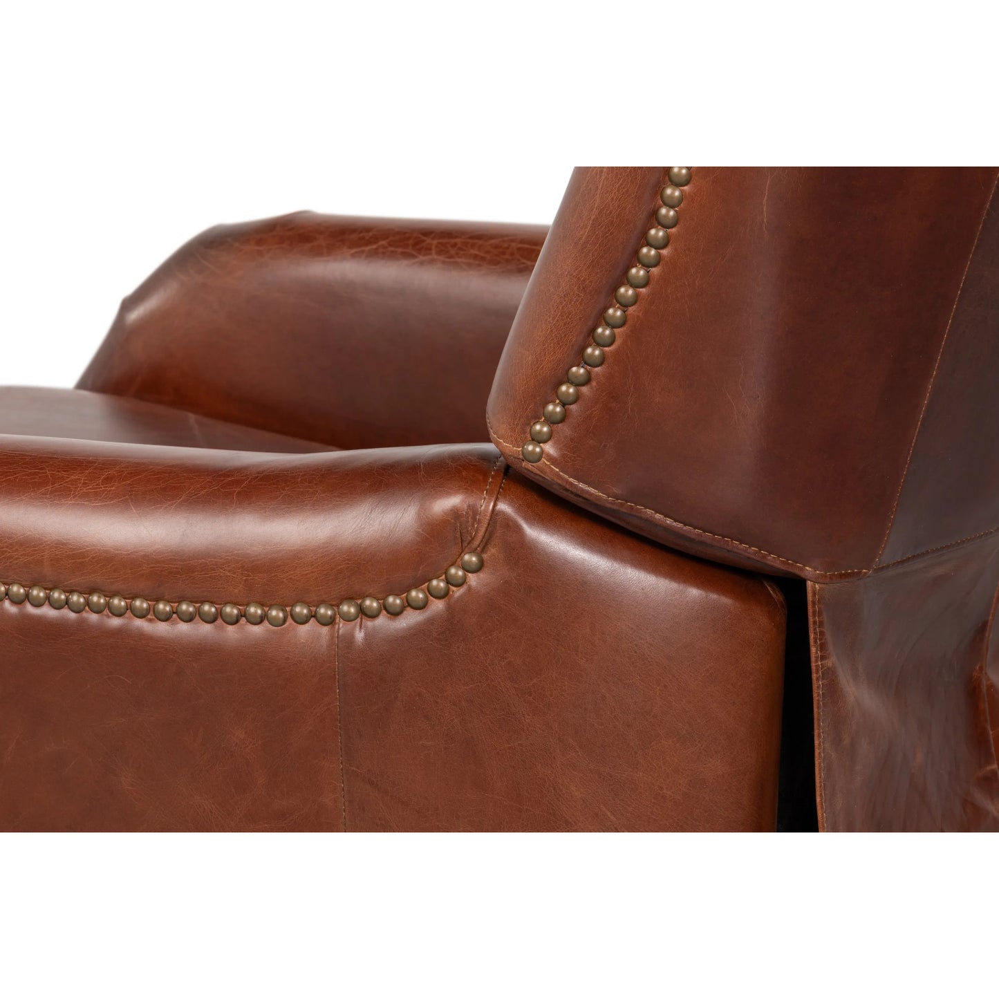 002 SI-2473323 | Closeup | Ashford Leather Recliner by Sarreid Ltd. in newark brown. Made from newark brown, cow leather, rubber wood in a traditional style.