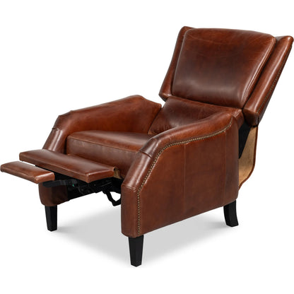 Ashford Leather Recliner by Sarreid Ltd. in newark brown. Made from newark brown, cow leather, rubber wood in a traditional style.