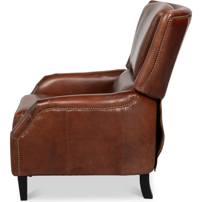 Ashford Leather Recliner by Sarreid Ltd. in newark brown. Made from newark brown, cow leather, rubber wood in a traditional style.